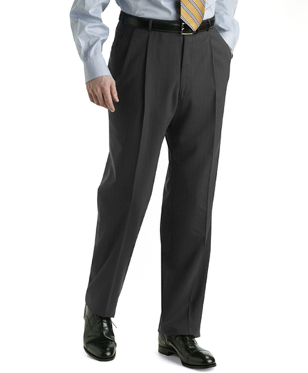 This season. Any season. The classics still apply. The BrooksEase� suit trousers. Now in 100s pure stretch wool, masterfully tailored and wrinkle-resistant. The perfect travel companion for getting back to business. Trousers have a slightly relaxed fit.