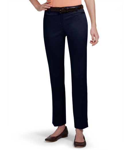 Cotton/lycra. Plain front. Front zipper with hidden button and tab front closure. Corozo buttons. Front and back besom pockets. 29 1/2" inseam. Dry clean. Imported.