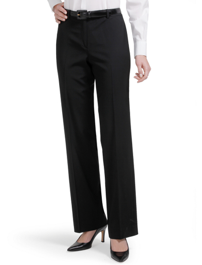 Cotton/viscose/Lycra. Hook-and-bar closure and hidden button at inside waistband extension. Center front zipper. Back besom pockets. Our slimmest fitting pant with a slight bootcut leg. Sits lower on waist. Unlined. Dry clean. Fabric woven in Italy. Imported.