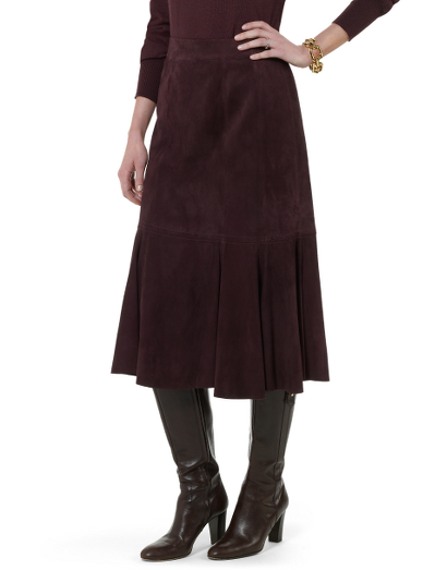Supple suede in deep plum raisin. Side zipper.  30" center back length.  Professional dry clean.  Imported.