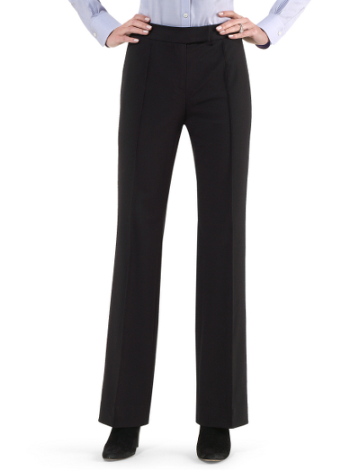 Nylon/wool/spandex. Pintucked seam detail at front leg. Wider waistband with double hook-and-bar closure. Embroidered black Country Club logo at inside back waistband. Plain front with contoured waistband. Tab closure with center-front zipper. Regular finish with 32 1/2" inseam. Fabric woven in Italy. Dry clean. Imported.