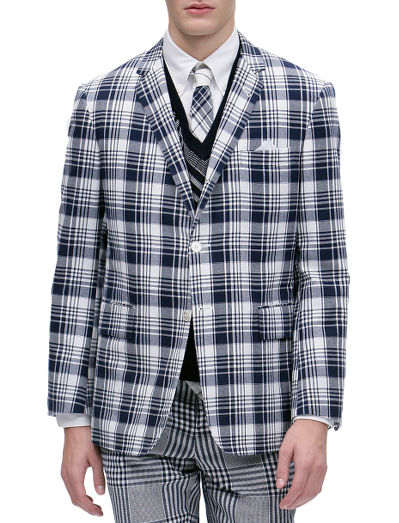 Pure cotton madras. 3-button, double back vent. Genuine mother-of-pearl buttons. Half-lined with signature stripe lining in cotton and modal blend. Locker loop at back neck. Full canvas construction. Made in Italy. Dry clean only.