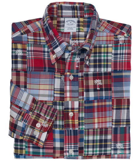 Authentic Indian madras with embroidered palm tree motif. The original Polo� button-down collar. Front center placket. Superdurable logo buttons. Signature shirring at barrel cuffs. Left chest pocket. Machine wash. Imported. Also available in Traditional fit.