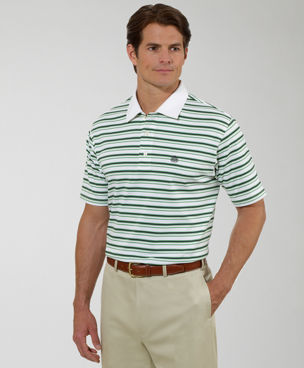 Cotton and polyester blend with high performance moisture-wicking properties. Cut and sew collar and shoulder piecing gives this polo a sportier look. Original fit. Perfect for the course or the clubhouse. Varied stripe layout adds surface interest to the polo. Machine wash. Imported.