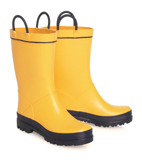 Waterproof rubber boots with fireman handles. Polyester lining. Navy trim. Wipe clean. Imported.