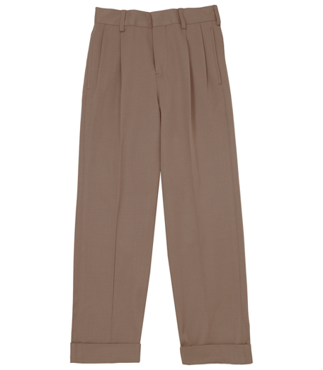 Classic worsted wool gabardine has a soft drape. Pleated front. Unfinished hem. Lined to the knee. Dry clean. Imported.