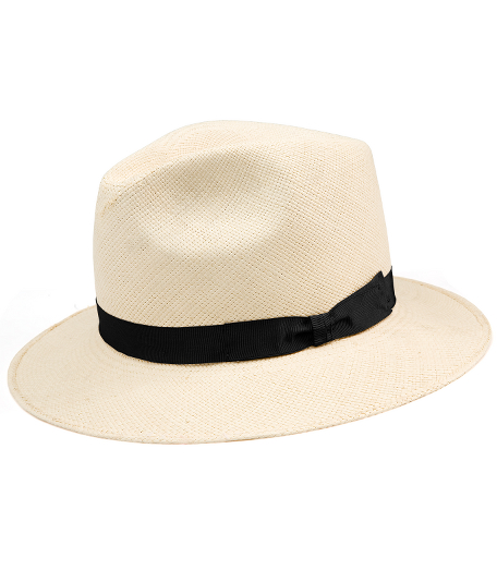 Borsalino-style hat made of Panama straw. Will keep your head cool on summer afternoons. Tan or black band. Made in italy.