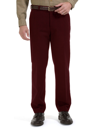 Tailored in soft Italian cotton twill. Straight fit, plain front. Herringbone pocketing. Alterable waistband. Finished hems, uncuffed. Signature logo buttons and ribbon at inside waist. Dry clean. Imported.