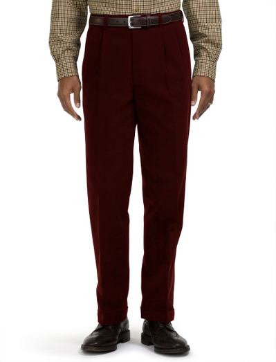 Tailored in soft Italian cotton twill. Straight fit, pleat front. Herringbone pocketing. Alterable waistband. Finished hems, cuffed bottoms. Signature logo buttons and ribbon at inside waist. Dry clean. Imported.
