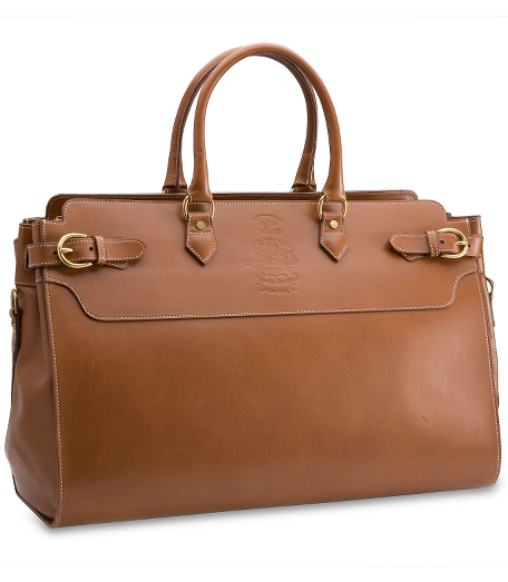 Vegetable tanned leather with shiny brass hardware contrast stitching, interior pockets, reinforced handles vintage logo, twill lining. 21 3/4" x 13" x 8". Made in Italy.
