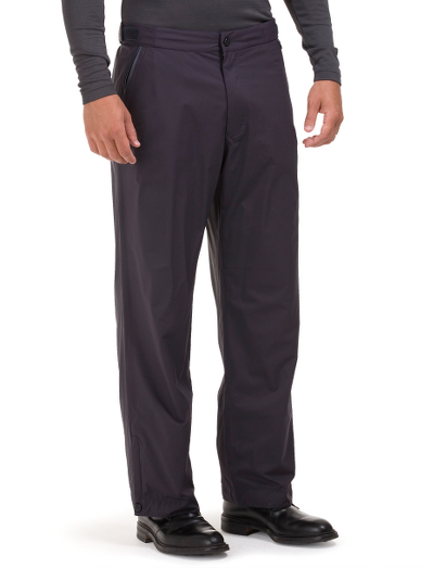 Polyester lined with mesh. Plain front with zipper, snap closure and contoured waistband. Taped seams. Waterproof and breathable. Machine wash. Imported.