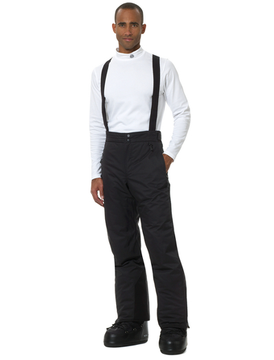The perfect skiing piece. Mechanical stretch fabric lined in mesh. Plain front with zipper, snap closure and contoured waistband. Snow gaiters in leg opening. Waterproof zippers. Ergonomic seaming for added mobility and suspenders for added comfort and functionality. Taped seams. Waterproof and breathable. Machine wash. Imported.