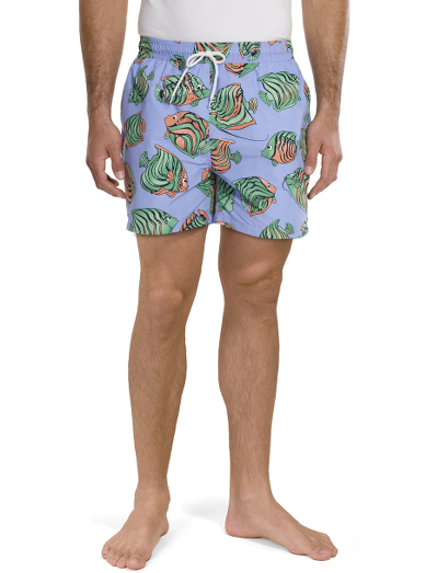 Vibrant printed nylon fabric shell from France. Mesh lining. Hidden key pocket at inside of swimsuit. Velcro back pocket for secure storage. Machine wash. Imported.