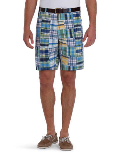 Refined cotton madras in bright patchwork pattern. Plain front. Oxford pocketing. Country Club logo on buttons and internrior waistband. 9" inseam. Machine wash. Imported.