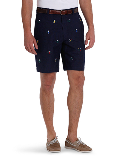 Pure Irish linen shorts embroidered with colorful golfers. Plain front. Oxford pocketing. Country Club logo on buttons and interior waistband. 9" inseam. Machine wash. Imported.