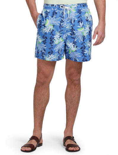 Vibrant printed nylon fabric shell from France. Mesh lining. Hidden key pocket at inside of swimsuit. Velcro back pocket for secure storage. 4 3/4" inseam. Machine wash. Imported.