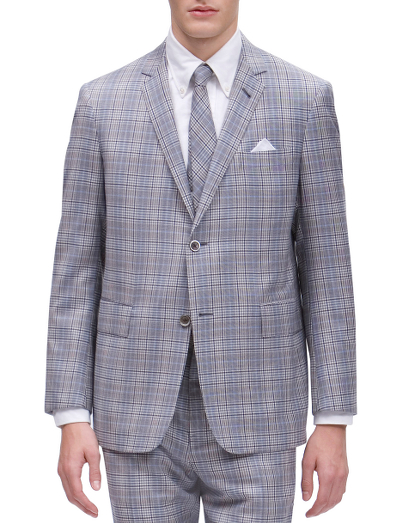 Pure wool. 2-button, double back vent jacket. Half-lined with signature stripe lining of cotton and modal blend. Genuine mother-of-pearl buttons. Locker loop at back neck. Full canvas construction. Trousers are button fly. Unfinished hem.  Half-lined with 100% Bemberg. Made in Italy. Dry clean only.