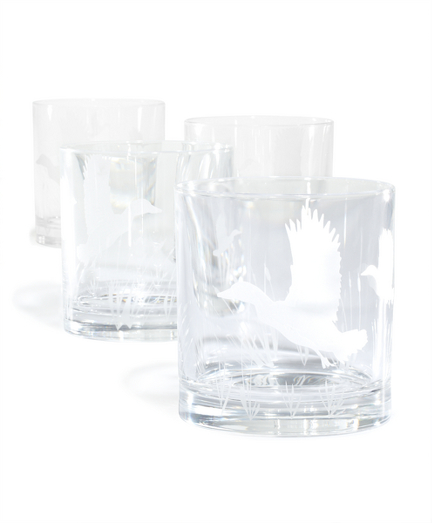 Opulent lead crystal glasses flawlessly engraved with renderings of selections from Birds of America. Made in Italy. Set of four glasses.  Lead crystal products are not sold in or shipped to California.