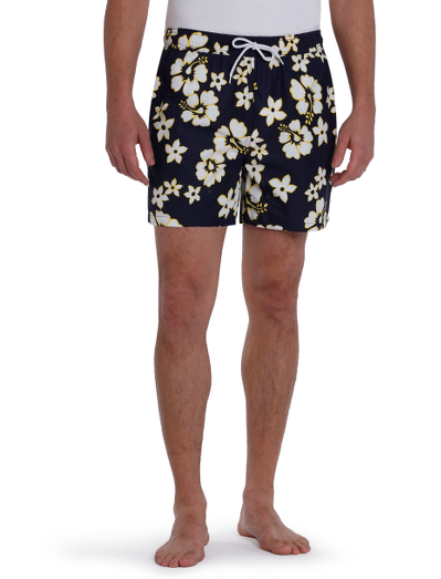 Vibrant printed nylon fabric shell woven in France.  Mesh lining. Hidden key pocket at inside of swimsuit. Velcro back pocket for secure storage. 4 3/4" inseam. Machine wash. Imported.