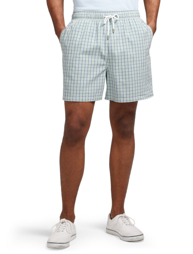 Cotton and nylon seersucker. Hidden key pocket at inside of swimsuit. Velcro back pocket for secure storage. 4 3/4" inseam. Machine wash. Imported.