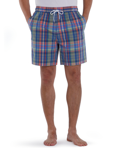 Madras nylon fabric.  Mesh lining. Hidden key pocket at inside of swimsuit. Velcro back pocket for secure storage. 7" inseam. Machine wash. Imported.