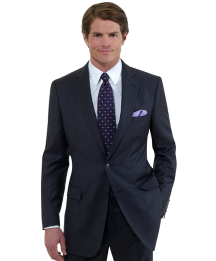 A contemporary take on the classic Brooks Brothers suit. Tailored from elegant Loro Piana� wool woven in Italy. Updated with slimmer lines, a narrower lapel with pickstitch detail and trimmer trousers. Fully lined. 2-button jacket with side vents. Plain-front trousers. Made in Italy. Dry clean.