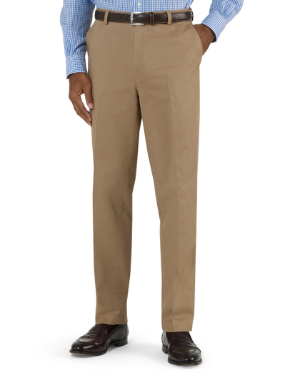 Slightly washed cavalry twill. Herringbone pocketing. Plain front, uncuffed finished hem. Imported.