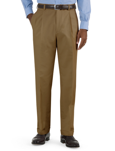 Slightly washed cavalry twill. Herringbone pocketing. Pleat front, cuffed hem. Machine wash. Imported.