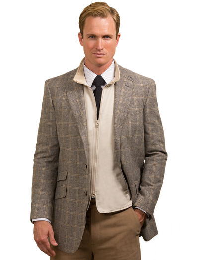 3-button jacket in our slim Regent fit with a unique zip-front vest. Side vents and suede elbow patches. Wool and cashmere blend jacket, pure nylon vest. Made in Italy. Dry clean.