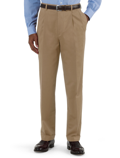 Slightly washed cavalry twill. Herringbone pocketing. Pleat front, cuffed hem. Machine wash. Imported.
