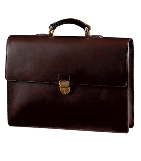 Smooth calfskin leather.  Flap-style case with single handle and interior pockets.  Brass hardware. Faux lock.   16.5" x 11.8" x 4". Made in Italy.