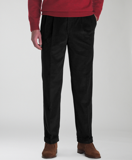 Luxurious 8-wale corduroy. Herringbone pocketing. Adjustable waistband. Pleat front, straight through hip and thigh with a straight leg opening. Cuffed hem. Machine wash. Imported.