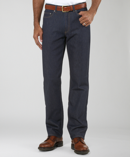 Made from pure Supima� cotton. Classic five-pocket denim styling. Our new slim fit is a European fit with a lower rise.  Vintage Brooks Brothers leather patch. Machine wash. Made in the USA.