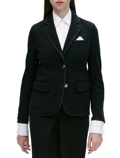 Cotton. 3-button. Double back vent. Non-functional sleeve buttons. Half canvas construction. Signature locker loop at back neck. Navy and grey have silver buttons with white enamel. Black has covered buttons. Made in Italy. Dry clean.