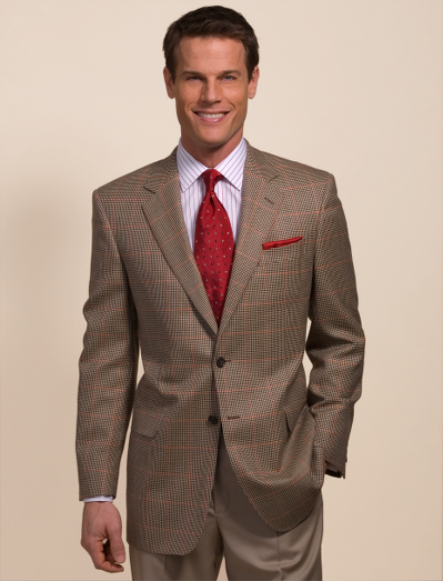 Pure wool woven in Italy. Two-button, center vent. 100% Bemberg lining. Sport coat comes with unfinished sleeves and unattached buttons that can be made functional. Dry clean. Made in Canada.