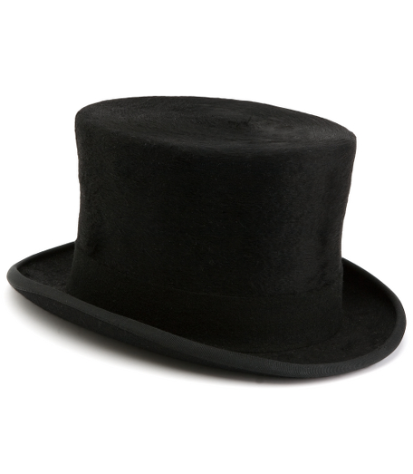 True to Old World tradition, our terrific top hat is handsome from polished beaver fur felt, with a structured brim and silk ribbon band.  Professional clean.  Made in England.
