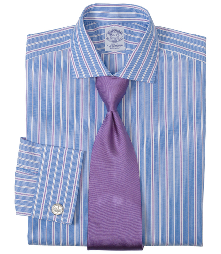 Pure Egyptian cotton woven in Italy. English collar. Signature shirring at French cuffs. French placket and chevroned split back yoke. Machine wash. Made in the USA. Cuff links not included.