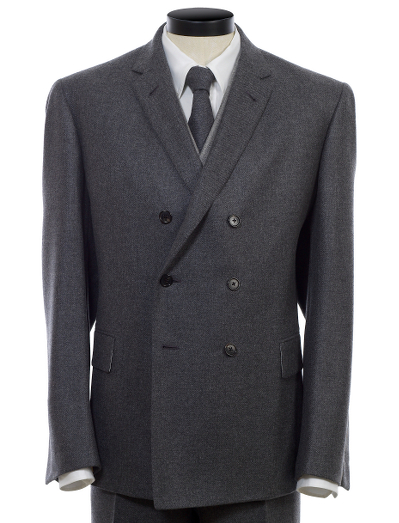 Pure cashmere twill. Double-breasted, center back vent. Genuine horn buttons. Jacket sleeves are unfinished. Signature cuff is 2-button holes. Full canvas construction. Locker loop at back neck. Lined in signature stripe lining of cotton and modal blend. Dry clean. Made in Italy.