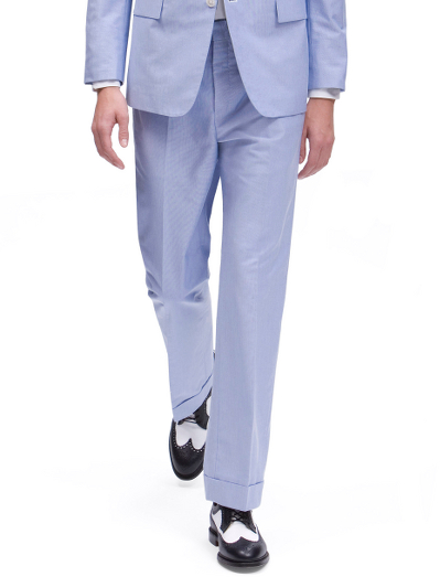 Pure cotton oxford. Button-fly with genuine mother-of pearl buttons. Half-lined 100% Bemberg. Unfinished hem. Can be finished as seen or with a cuff and no break. Made in Italy. Dry clean only.
