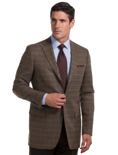 Pure  wool from Loro Piana�. 3-button side vent with suede elbow patches. Dry clean. Made in Italy.