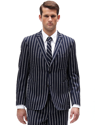 Pure wool.  3-button, center vent with three patch pockets. Genuine horn buttons. Jacket sleeves are unfinished, signature cuff is 2-button holes. Full canvas construction. Locker loop at back neck. Jacket is lined in signature stripe lining of cotton and model blend. Dry clean. Made in Italy.