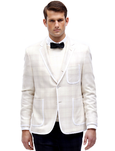 Pure wool. 3-button, center vent with three patch pockets. White grosgrain tipping and covered buttons. Jacket sleeves are unfinished. Signature cuff is 2-button holes. Full canvas construction. Locker loop at back neck. Jacket is lined in cotton and modal blend. Dry clean. Made in Italy.