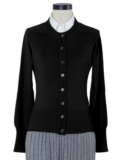 Pure Scottish cashmere. Mother-of-pearl buttons. Button cuff with grosgrain on sleeve and placket. Locker loop at back neck. Dry clean. Imported.