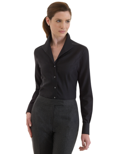 Elegant Italian cotton twill blouse styled with wing collar and genuine mother-of-pearl double-button French cuffs. Fitted with front and back princess seams. French placket. Machine wash. Imported. Also available in Petites.