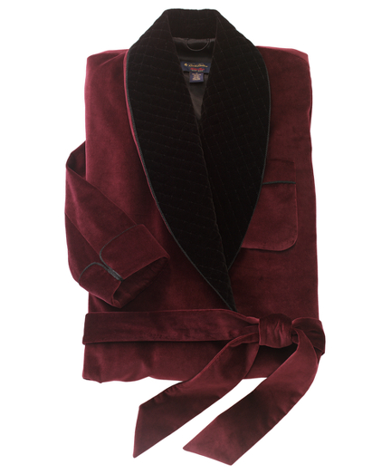 Plush cotton velvet with pure silk lining. Quilted shawl collar. Hand-tailored. Dry clean. Made in England.