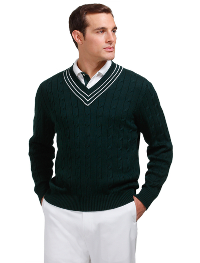 Knitted from pure extra-long staple cotton. Classic cricket cable v-neck style with subtle tipping at neck trim. Fully fashioned for a perfect fit. Hand wash. Imported.