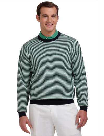 Knitted from pure extra-long staple cotton. Classic crewneck body with mini feed stripe layout. Fully fashioned for a perfect fit. Hand wash. Imported.