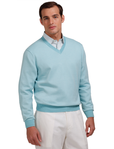 Knitted from pure extra-long staple cotton. V-neck body with bird's-eye pattern. Fully fashioned for a perfect fit. Hand wash. Imported.