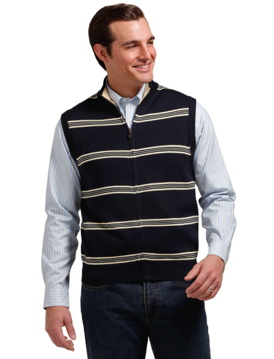 Pure cotton with extra long staple fibers that give an incredibly soft silky hand with year round comfort. Classic tie stripe layout. Full-zip vest body with Country Club logo zipper pull. Fully fashioned. Machine wash. Imported