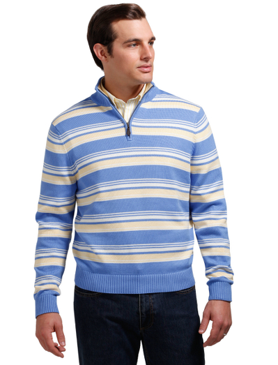 Pure cotton with extra long staple fibers that give an incredibly soft silky hand with year round comfort. Updated stripe layout. Half-zip body with Country Club logo zipper pull. Fully fashioned. Machine wash. Imported